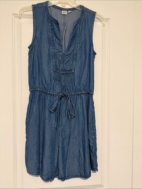 GAP Denim-Look Sleeveless Drawstring Dress - Blue